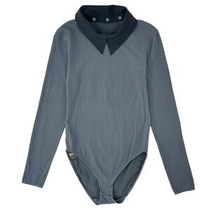Wolford Gray Striped Bodysuit Body Suit with Removable Black Polo Collar sz M
